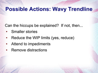 Possible Actions: Wavy Trendline
Can the hiccups be explained? If not, then...
● Smaller stories
● Reduce the WIP limits (yes, reduce)
● Attend to impediments
● Remove distractions
 