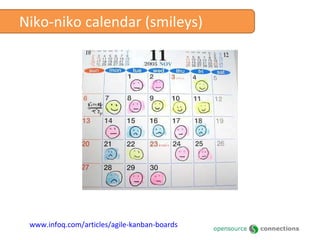 Niko-niko calendar (smileys) www.infoq.com/articles/agile-kanban-boards 