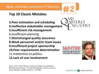 Sneak it in Implement it piece by piece, without saying what you are doing. One idea: Start with iterations and demos, daily stand ups. PM’s love the communication. Then move to developer driven practices like sprint planning, XP, CI. Can be used to overcome fear of the word Agile #3 