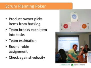 Scrum Planning Poker Product owner picks items from backlog Team breaks each item into tasks Team estimation Round robin assignment Check against velocity 