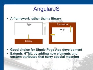 AngularJS
• A framework rather than a library
• Good choice for Single Page App development
• Extends HTML by adding new elements and
custom attributes that carry special meaning
Library
App Framework
App
 