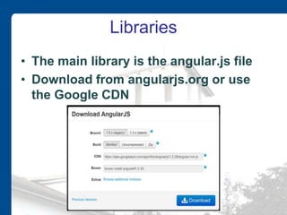 Libraries
• The main library is the angular.js file
• Download from angularjs.org or use
the Google CDN
 