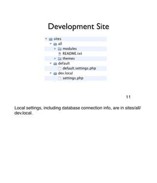 Development Site
Local settings, including database connection info, are in sites/all/
dev.local.
11
 