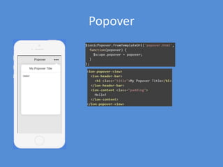 Sidemenu Example (pt. 4)
• Use any IDE to open project
– Visual Studio: Open as a Web Site
project
• hooks folder is list of Cordova hooks
– scripts that run during the build
process
• plugins folder is list of Cordova
plugins
• scss folder is for Sass files (not
required)
– Sass is a CSS pre-processor
 