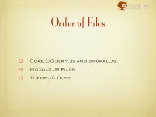 Order of Files

Core (jQuery.js and drupal.js)

Module JS Files

Theme JS Files
 