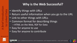 @azaroth42
ABriefIntroduction
toLinkedData
Why is the Web Successful?
• Identify things with URLs
• Return useful information when you go to the URL
• Link to other things with URLs
• Common format for describing things
–HTML on the Web, RDF for Data
• Easy for anyone to use
• Easy for anyone to contribute
 