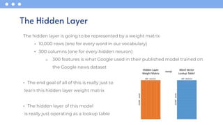 The hidden layer is going to be represented by a weight matrix
• 10,000 rows (one for every word in our vocabulary)
• 300 columns (one for every hidden neuron)
o 300 features is what Google used in their published model trained on
the Google news dataset
• The end goal of all of this is really just to
learn this hidden layer weight matrix
• The hidden layer of this model
is really just operating as a lookup table
The Hidden Layer
 