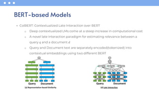 • ColBERT: Contextualized Late Interaction over BERT
o Deep contextualized LMs come at a steep increase in computational cost
o A novel late interaction paradigm for estimating relevance between a
query 𝑞 and a document 𝑑
o Query and Document text are separately encoded(tokenized) into
contextual embeddings using two different BERT
BERT-based Models
 