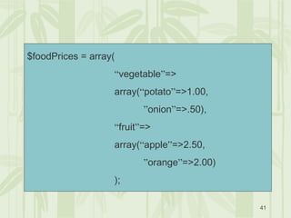 41
$foodPrices = array(
“vegetable”=>
array(“potato”=>1.00,
”onion”=>.50),
“fruit”=>
array(“apple”=>2.50,
”orange”=>2.00)
);
 