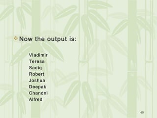 49
 Now the output is:
Vladimir
Teresa
Sadiq
Robert
Joshua
Deepak
Chandni
Alfred
 