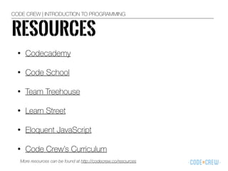 • Codecademy
• Code School
• Team Treehouse
• Learn Street
• Eloquent JavaScript
• Code Crew’s Curriculum
CODE CREW | INTRODUCTION TO PROGRAMMING
RESOURCES
More resources can be found at http://codecrew.co/resources
 