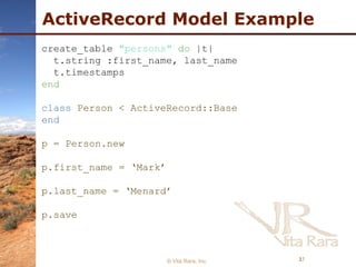ActiveRecord Model Example © Vita Rara, Inc. create_table  &quot;persons&quot;   do  |t|  t.string :first_name, last_name t.timestamps  end class  Person < ActiveRecord::Base end p = Person.new p.first_name = ‘Mark’ p.last_name = ‘Menard’ p.save 