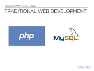 CODE CREW | INTRO TO RAILS 
TRADITIONAL WEB DEVELOPMENT 
 