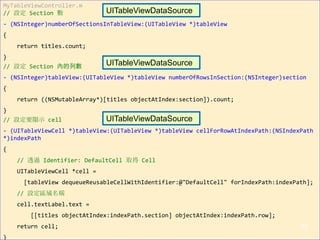 MyTableViewController.m
// 設定 Section 數
- (NSInteger)numberOfSectionsInTableView:(UITableView *)tableView
{
return titles.count;
}
// 設定 Section 內的列數
- (NSInteger)tableView:(UITableView *)tableView numberOfRowsInSection:(NSInteger)section
{
return ((NSMutableArray*)[titles objectAtIndex:section]).count;
}
// 設定要顯示 cell
- (UITableViewCell *)tableView:(UITableView *)tableView cellForRowAtIndexPath:(NSIndexPath
*)indexPath
{
// 透過 Identifier: DefaultCell 取得 Cell
UITableViewCell *cell =
[tableView dequeueReusableCellWithIdentifier:@"DefaultCell" forIndexPath:indexPath];
// 設定區域名稱
cell.textLabel.text =
[[titles objectAtIndex:indexPath.section] objectAtIndex:indexPath.row];
return cell;
}
83
UITableViewDataSource
UITableViewDataSource
UITableViewDataSource
 
