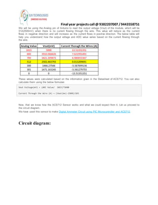 Final year projects call @ 9382207007 /9443558751
We will be using the Analog pin of Arduino to read the output voltage (Vout) of the module, which will be
512(2500mV) when there is no current flowing through the wire. This value will reduce as the current
flows in negative direction and will increase as the current flows in positive direction. The below table will
help you understand how the output voltage and ADC value varies based on the current flowing through
the wire.
These values were calculated based on the information given in the Datasheet of ACS712. You can also
calculate them using the below formulae:
Vout Voltage(mV) = (ADC Value/ 1023)*5000
Current Through the Wire (A) = (Vout(mv)-2500)/185
Now, that we know how the ACS712 Sensor works and what we could expect from it. Let us proceed to
the circuit diagram.
We have used this sensor to make Digital Ammeter Circuit using PIC Microcontroller and ACS712.
Circuit diagram:
 
