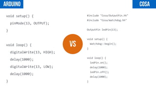 void	
  setup()	
  {	
  
	
  	
  pinMode(13,	
  OUTPUT);	
  
}	
  
void	
  loop()	
  {	
  
	
  	
  digitalWrite(13,	
  HIGH);	
  	
  	
  
	
  	
  delay(1000);	
  	
  	
  	
  	
  	
  	
  	
  	
  	
  	
  	
  	
  	
  	
  
	
  	
  digitalWrite(13,	
  LOW);	
  	
  	
  	
  
	
  	
  delay(1000);	
  	
  	
  	
  	
  	
  	
  	
  	
  	
  	
  	
  	
  	
  
}
#include	
  "Cosa/OutputPin.hh"	
  
#include	
  "Cosa/Watchdog.hh"	
  
OutputPin	
  ledPin(13);	
  
void	
  setup()	
  {	
  
	
  	
  Watchdog::begin();	
  
}	
  
void	
  loop()	
  {	
  
	
  	
  ledPin.on();	
  
	
  	
  delay(1000);	
  
	
  	
  ledPin.off();	
  
	
  	
  delay(1000);	
  
}
vs
Arduino Cosa
 