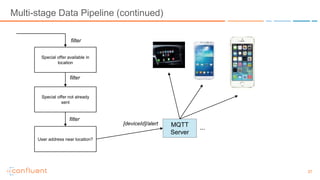 37
Multi-stage Data Pipeline (continued)
Special offer available in
location
Special offer not already
sent
User address near location?
MQTT
Server
filter
filter
filter
...
[deviceId]/alert
 