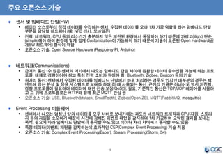 19 
주요 오픈소스 기술 
센서 및 임베디드 단말(HW) 
 데이터 소스로부터 직접 데이터를 수집하는 센서, 수집된 데이터를 모아 1차 가공 역할을 하는 임베디드 단말 
부분을 담당할 하드웨어 (예: NFC 센서, 모바일폰) 
 전력, 네트워크, CPU 등의 리소스가 충분하지 않은 제한된 환경에서 동작해야 하기 때문에 가볍고(lilght) 단순 
(simple)해야 하며 환경에 맞게 쉽게 Customization이 가능해야 하기 때문에 기술이 오픈된 Open Hardward(공 
개SW 하드웨어) 형식이 적합 
 오픈소스 기술: Open Source Hardware (Raspberry PI, Arduino) 
네트워크(Communications) 
 근거리 통신: 수 많은 센서와 거기에서 나오는 임베디드 단말 사이에 원활한 데이터 송수신을 가능케 하는 프로 
토콜. 대체로 경량이어야 하고 특히 전력 소비가 적어야 함. Bluetooth, Zigbee, Beacon 등의 기술 
 원거리 통신: 센서에서 수집된 데이터를 임베디드 단말에서 바로 처리하는 경우도 있지만 대부분의 경우는 백 
엔드에 있는 분석 및 응용 시스템으로 보내야 하며 이 때 사용되는 통신. 근거리 만큼은 아니어도 역시 저전력, 
경량 프로토콜이 필요하며 데이터에 대한 전송 보장(QoS)도 필요. 기본적인 통신은 TCP/UDP 레이어를 사용하 
고 그 위에 프로토콜로는 HTTP와 함께 최근 MQTT 관심 큼 
 오픈소스 기술: USB, Bluetooth(btstack, SmallTooth), Zigbee(Open ZB), MQTT(RabbitMQ, mosquitto) 
Event Processing 미들웨어 
 센서에서 나오는 엄청난 양의 데이터를 모두 서버로 보내기에는 과도한 네트워크 트래픽과 CPU 자원, 스토리 
지 등의 자원을 소모하기 때문에 사전에 정해진 이벤트 패턴을 감지하여 1차 가공하여 요약된 결과를 보내는 
목적. 필요에 따라 임베디드 단말에서 동작할 수도 있고 데이터 처리 서버에서 동작할 수도 있음 
 특정 데이터(이벤트) 패턴을 감지하는데 효과적인 CEP(Complex Event Processing) 기술 적용 
 오픈소스 기술: Complex Event Processing(Esper), Stream Processing(Storm, S4) 
 