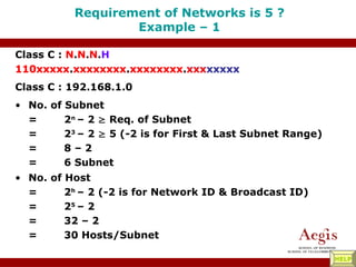 Requirement of Networks is 5 ?
Example – 1
• No. of Host
= 2h
– 2 (-2 is for Network ID & Broadcast ID)
= 25
– 2
= 32 – 2
= 30 Hosts/Subnet
Class C : N.N.N.H
110xxxxx.xxxxxxxx.xxxxxxxx.xxxxxxxx
Class C : 192.168.1.0
• No. of Subnet
= 2n
– 2  Req. of Subnet
= 23
– 2  5 (-2 is for First & Last Subnet Range)
= 8 – 2
= 6 Subnet
110xxxxx.xxxxxxxx.xxxxxxxx.xxxxxxxx
HELP
 