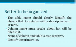 Better to be organized
• The table name should clearly identify the
  objects that it contains with a descriptive word
  or term.
• Column name must speaks about hat will be
  filled in it.
• Name of column and table is case sensitive.
• Identify the primary key
 
