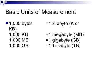 Basic Units of Measurement
 1,000 bytes =1 kilobyte (K or
KB)
1,000 KB =1 megabyte (MB)
1,000 MB =1 gigabyte (GB)
1,000 GB =1 Terabyte (TB)
 