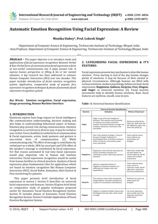 International Research Journal of Engineering and Technology (IRJET) e-ISSN: 2395 -0056
Volume: 03 Issue: 02 | Feb-2016 www.irjet.net p-ISSN: 2395-0072
© 2016, IRJET | Impact Factor value: 4.45 | ISO 9001:2008 Certified Journal | Page 488
Automatic Emotion Recognition Using Facial Expression: A Review
Monika Dubey1, Prof. Lokesh Singh2
1Department of Computer Science & Engineering, Technocrats Institute of Technology, Bhopal, India
2Asst.Professor, Department of Computer Science & Engineering, Technocrats Institute of Technology,Bhopal, India
---------------------------------------------------------------------***---------------------------------------------------------------------
Abstract - This paper objective is to introduce needs and
applications of facial expression recognition. Between Verbal
& Non-Verbal form of communicationfacialexpression isform
of non-verbal communication but it plays pivotal role. It
express human perspective or filling & his or her mental
situation. A big research has been addressed to enhance
Human Computer Interaction (HCI) over two decades. This
paper includes introduction of facial emotion recognition
system, Application, comparative study of popular face
expression recognitiontechniques &phasesofautomaticfacial
expression recognition system.
Key Words: Emotion recognition, Facial expression,
Image processing, Human Machine Interface.
1. INTRODUCTION
Emotional aspects have huge impact on Social intelligence
like communication understanding, decision making and
also helps in understanding behavioral aspect of human.
Emotion play pivotal role during communication. Emotion
recognition is carried out in diverse way, it may be verbal or
non-verbal .Voice (Audible) isverbal formofcommunication
& Facial expression, action, body postures and gesture is
non-verbal form of communication. [1] While
communicating only 7% effect of message is contributes by
verbal part as a whole, 38% by vocal part and 55% effect of
the speaker’s message is contributed by facial expression.
For that reason automated & real time facial expression
would play important role in human and machine
interaction. Facial expression recognition would be useful
from human facilities to clinical practices. Analysis of facial
expression plays fundamental roles for applications which
are based on emotion recognition like Human Computer
Interaction (HCI), Social Robot, Animation, Alert System &
Pain monitoring for patients.
This paper presents brief introduction of facial
expression in section I. Section II describes six universal
facial expressions and features. Section III gives brief detail
on comparative study of popular techniques proposed
earlier for Automatic Facial Emotion Recognition System.
Section IV includes phases of Automatic Facial Emotion
Recognition System. Section VincludesApplicationsofFacial
Emotion Recognition System.
2. CATEGORIZING FACIAL EXPRESSIONS & IT’S
FEATURES:
Facialexpressionpresentskeymechanismtodescribehuman
emotion. From starting to end of the day human changes
plenty of emotions, it may be because of their mental or
physical circumstances. Although humans are filled with
various emotions, modern psychology defines sixbasicfacial
expressions: Happiness, Sadness, Surprise, Fear, Disgust,
and Anger as universal emotions [2]. Facial muscles
movements help to identify human emotions. Basic facial
features are eyebrow, mouth, nose & eyes.
Table -1: Universal Emotion Identification
Universal Emotion Identification
Emotion Definition Motion of facial part
Anger
Anger is one of the most dangerous
emotions. This emotion may be harmful
so, humans are trying to avoid this
emotion. Secondary emotions of anger are
irritation, annoyance, frustration, hate
and dislike.
Eyebrows pulled down,
Open eye, teeth shut and
lips tightened, upper and
lower lids pulled up.
Fear
Fear is the emotion of danger. It may be
because of danger of physical or
psychological harm. Secondary emotions
of fear are Horror, nervousness, panic,
worry and dread.
Outer eyebrow down,
inner eyebrow up,
mouth open, jaw
dropped
Happiness
Happiness is most desired expression by
human. Secondary emotions are
cheerfulness, pride, relief, hope, pleasure,
and thrill.
Open Eyes, mouth edge
up, open mouth, lip
corner pulled up, cheeks
raised, and wrinkles
around eyes.
Sadness
Sadness is opposite emotion of
Happiness. Secondary emotions are
suffering, hurt, despair, pitty and
hopelessness.
Outer eyebrow down,
inner corner of
eyebrows raised, mouth
edge down, closed eye,
lip corner pulled down.
Surprise
This emotion comes when unexpected
things happens. Secondary emotions of
surprise are amazement, astonishment.
Eyebrows up, open eye,
mouth open, jaw
dropped
Disgust
Disgust is a feeling of dislike. Human may
feel disgust from any taste, smell, sound
or tough.
Lip corner depressor,
nose wrinkle ,lower lip
depressor, Eyebrows
pulled down
 
