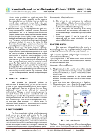 International Research Journal of Engineering and Technology (IRJET) e-ISSN: 2395-0056
Volume: 04 Issue: 07 | July -2017 www.irjet.net p-ISSN: 2395-0072
© 2017, IRJET | Impact Factor value: 5.181 | ISO 9001:2008 Certified Journal | Page 1593
extends policy for cipher text based encryption. The
hierarchy not only support scalability but also supports
fined grained access and flexibility.Foraccessitachieves
several value assignments which deals with user
revocation than current schemes. The securityofHASBE
is depend upon security of CP-ABE.
3. J. Bethencourt et.al[3] ,This paperpresenttheCiphertext-
Policy Attribute-Based Encryption for access control on
encrypted data that can be saved personal information
even forthe un trusted storage,likewise,methodaresafe
against collusion attacks. Policiesandencrypteddataare
used to describe aboutattributebasedencryptioninuser
keys. The system attribute describe encrypting data and
workers credentials for governs the policy for data
decryption. New encryptedcontrolaccess basedonboth
keys and polices where client’s are used to decrypt.
4. Jinguang Han et.al[4] , This paper proposed a privacy-
preservingdecentralizedABEschemewherewithoutany
cooperation the client independentlyissuessecretkeyto
the central authority. In earlier construction, where
many number of authorities in online and interactively
setup the system. The decentralized ABE helps in
reducing cost of communication and collaboration in
stage of setup. This scheme is used to protect privacy of
user’s. To fight against the collusion attack where
different authorities of users secret key tied to identifier
globally(GID).If there is no central authority, where the
client can join or leave system freelywithoutnecessityof
reinitializing. Likewise, without any knowledge about
GID the authority can issues the keys independently to
clients.
1.2 PROBLEM STATEMENT
Main problem for password systems is
authentication of password which is not preserving the
privacy, to avoid such problems 2FA control access is used.
System traditionally has two problems they are: First,
traditionally privacy is not achieved for password
authentication. Though, in cloud computing privacy is
important feature that must be considered and well
acknowledge. Second, inthis computersarecommonlyshare
among different users, this makes stress-free for hackers to
learn password login from servers by doing spyware setup.
To overcome these problems 2FA control access is
recognized for not only restrict access to client with similar
attribute set but also for preserving user secrecy.
2. EXISTING SYSTEM
Thecloudcomputingprovidesgreatadvantages,web
based servers gives privacy and security for the cloud
computing. For sharing purpose the delicate data are stored
in cloud and qualified users accessthedatafromthecloudfor
different services andapplications, verificationofclienthasa
critical component for any cloud. Before using cloud services
the user must login in to cloud or accessing the data from the
cloud. Here it has two problems for password based system.
Disadvantages of Existing System:
1. The privacy is not maintained in traditional
password based validation .However, the privacy is
good acknowledge also it has important features
that must consider in cloud computing.
2. In this computers are commonly share among
different users, this makes stress-free forhackersto
learn password loginfromserversbydoingspyware
setup.
3. In existing, though PC may be protected by a
password, still has some possibilities to steal
password by hidden apps.
PROPOSED SYSTEM
This paper uses lightweight device for security to
propose fine grained two variablegetcontrolforonlinecloud
computing. The device has following properties such as.
1) It uses some algorithm for lightweight device known as
exponentiation and hashing.
2) It is rang resistant i.e., the information is stored inside the
cloud that no one can break the information from the cloud
without permission of user.
Advantages of Proposed System:
1. The protocol gives 2FA security where in first security
key is required and then security device is required for
make connection to PC in order to validate the client for
cloud access.
2. Protocol provides flexibility to the system which
supports for fine grained and control access at various
scenario.
3. At the same time privacy to be preserved by the client.
4. The cloud does not knows about the identity of client it
only knows about process of client and attribute.
Fig -1: Over view of system
The figure 1 shows the architectureof finegrainedtwofactor
control access .It consists of two process known as 1.client
 