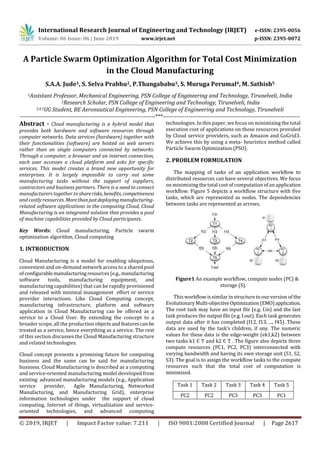 International Research Journal of Engineering and Technology (IRJET) e-ISSN: 2395-0056
Volume: 06 Issue: 06 | June 2019 www.irjet.net p-ISSN: 2395-0072
© 2019, IRJET | Impact Factor value: 7.211 | ISO 9001:2008 Certified Journal | Page 2617
A Particle Swarm Optimization Algorithm for Total Cost Minimization
in the Cloud Manufacturing
S.A.A. Jude1, S. Selva Prabhu2, P.Thangababu3, S. Muruga Perumal4, M. Sathish5
1Assistant Professor, Mechanical Engineering, PSN College of Engineering and Technology, Tirunelveli, India
2Research Scholar, PSN College of Engineering and Technology, Tirunelveli, India
3,4,5UG Student, BE Aeronautical Engineering, PSN College of Engineering and Technology, Tirunelveli
---------------------------------------------------------------------***----------------------------------------------------------------------
Abstract - Cloud manufacturing is a hybrid model that
provides both hardware and software resources through
computer networks. Data services (hardware) together with
their functionalities (software) are hosted on web servers
rather than on single computers connected by networks.
Through a computer, a browser and an internet connection,
each user accesses a cloud platform and asks for specific
services. This model creates a brand new opportunity for
enterprises. It is largely impossible to carry out some
manufacturing tasks without the support of suppliers,
contractors and business partners. There is a need to connect
manufacturers together to sharerisks, benefits, competiveness
and costly resources. Morethanjustdeployingmanufacturing-
related software applications in the computing Cloud, Cloud
Manufacturing is an integrated solution that provides a pool
of machine capabilities provided by Cloud participants.
Key Words: Cloud manufacturing, Particle swarm
optimization algorithm, Cloud computing
1. INTRODUCTION
Cloud Manufacturing is a model for enabling ubiquitous,
convenient and on-demand network access to a shared pool
of configurablemanufacturingresources (e.g.,manufacturing
software tools, manufacturing equipment, and
manufacturing capabilities) that can be rapidly provisioned
and released with minimal management effort or service
provider interactions. Like Cloud Computing concept,
manufacturing infrastructure, platform and software
application in Cloud Manufacturing can be offered as a
service to a Cloud User. By extending the concept to a
broader scope, all the production objectsandfeaturescanbe
treated as a service, hence everything as a service. The rest
of this section discusses the Cloud Manufacturing structure
and related technologies.
Cloud concept presents a promising future for computing
business and the same can be said for manufacturing
business. Cloud Manufacturing is described as a computing
and service-oriented manufacturing model developed from
existing advanced manufacturing models (e.g., Application
service provider, Agile Manufacturing, Networked
Manufacturing, and Manufacturing Grid), enterprise
information technologies under the support of cloud
computing, Internet of things, virtualization and service-
oriented technologies, and advanced computing
technologies. In this paper, we focus on minimizing the total
execution cost of applications on these resources provided
by Cloud service providers, such as Amazon and GoGrid3.
We achieve this by using a meta- heuristics method called
Particle Swarm Optimization (PSO).
2. PROBLEM FORMULATION
The mapping of tasks of an application workflow to
distributed resources can have several objectives. We focus
on minimizing the total cost of computation of an application
workflow. Figure 5 depicts a workflow structure with five
tasks, which are represented as nodes. The dependencies
between tasks are represented as arrows.
Figure1 An example workflow, compute nodes (PC) &
storage (S).
This workflow is similar in structure to our version of the
EvolutionaryMulti-objectiveOptimization(EMO)application.
The root task may have an input file (e.g. f.in) and the last
task produces the output file (e.g. f.out). Each task generates
output data after it has completed (f12, f13, ..., f45). These
data are used by the task’s children, if any. The numeric
values for these data is the edge-weight (ek1,k2) between
two tasks k1 Є T and k2 Є T . The figure also depicts three
compute resources (PC1, PC2, PC3) interconnected with
varying bandwidth and having its own storage unit (S1, S2,
S3). The goal is to assign the workflow tasks to the compute
resources such that the total cost of computation is
minimized.
Task 1 Task 2 Task 3 Task 4 Task 5
PC2 PC2 PC3 PC3 PC1
 