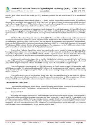 International Research Journal of Engineering and Technology (IRJET) e-ISSN: 2395-0056
Volume: 07 Issue: 04 | Apr 2020 www.irjet.net p-ISSN: 2395-0072
© 2020, IRJET | Impact Factor value: 7.34 | ISO 9001:2008 Certified Journal | Page 240
provides better results in terms of accuracy, specificity, sensitivity, precision and false positive rate (FPR) for both kinds of
datasets.[2]
Kayleigh provides a comprehensive review of 45 papers utilizing supervised machine learning in ASD, including
algorithms for classification and text analysis. In these 35 reviewed ASD researchstudies,themostcommonlyused supervised
machine learning algorithms were SVM and ADtree. Supervised machine learning algorithms were used to identify candidate
ASD genes, and to investigate obscure links between ASD and other domains.[3]
Milan used six personal characteristics age, sex, handedness, and three individual measuresof IQfrom851subjectsin
the Autism Brain Imaging Data Exchange (ABIDE) database to predict the model’s performance. While [1] Daniel analyzed an
eye movement dataset from a face recognition task, to classify children with and without ASD to obtainanaccuracyof88.51%.
[4]
D.P.Wall is The Autism Diagnostic Interview-Revised (ADI-R) is one of the most commonly used instruments for
assisting in the behavioural diagnosis of autism. The exam consists of 93 questions that must be answered by a care provider
within a focused session that often spans 2.5 hours. Machine learning techniques were used to study the complete sets of
answers to the ADI-R available at the AutismGeneticResearchExchange(AGRE)for891individualsdiagnosedwithautismand
75 individuals who did not meet the criteria for an autism diagnosis. The analysis showed that 7 of 93 items contained in the
ADI-R were sufficient to classify autism with 99.9% statistical accuracy.[5]
Bram is about Predicting if a child has Autism Spectrum Disorder proved possible by using developmental delay,
learning disabilities and speech or other language problems. Two methods wereused toidentifytheseverityofthe ASD.The1-
away method improved the accuracy from 54.1% to 90.2%, which is a significant increase. This and the fact that the severity
was based on input from just the caretakers of the children, prompts the need for further research in this matter.[6]
Wenbo identifies autism using Support Vector Machine (SVM) which provided accuracy up to 89% whereas [8] Jianbo
used Natural Language Processing (NLP) for autism detection based on information extracted frommedical formsofpotential
ASD patients. The proposed system achieves it an 83.4% accuracy and 91.1% recall, which is very promising.[7]
Chua combined a deep learningmethodwithSVMRFEtoimprovetheclassificationaccuracyofASDbasedonthe whole
ABIDE dataset. A total of 501 subjects with autism and 553 subjects with typical control across 17 sites were involved in the
study. The state-of-the-art average accuracy of 93.59%.[9] Anibal used deeplearningtechniquestoclassifyautismclassesusing
clinical datasets. [10]
From the literature review, it is evident that, though many types of research has been carried out in this field, the
researchers did not come to a decisive conclusion on using ML approach to predict autism for different age groups. Different
tools and methods were employed for autism screening tests, but none concentrated on different age groups.
3. RESEARCH METHODOLOGY
The research was carried out in four phases: Data Set collection, Data synthesis, Developing the prediction model,
Evaluating the predicted model. The phases are briefly discussed in the following subsections:
A. Data Set collection
To develop an effective predictive model, AQ-10 dataset was used whichconsistsofthreedifferentdatasetsbasedAQ-
10 screening tool questions. These three data sets contain data of age groups of 4-11 years (child), 12-17 years (adolescent)
and 18 years plus (adults). AQ-10 or Autism spectrum Quotienttool isusedtoidentify whetheranindividual shouldbereferred
for a comprehensive autism assessment. These questions mainly focus on domains like attention switching, communication,
imagination, and social interaction. Since the actual collectionofdata frompatients wouldbequitedifficult,thedata iscollected
from the UCI Machine Learning Repository as well, which is depicted in Fig 1.
 