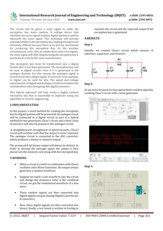 International Research Journal of Engineering and Technology (IRJET) e-ISSN: 2395-0056
Volume: 09 Issue: 06 | Jun 2022 www.irjet.net p-ISSN: 2395-0072
© 2022, IRJET | Impact Factor value: 7.529 | ISO 9001:2008 Certified Journal | Page 321
The circuit will be given a noise signal to make the
encryption key more random. A voltage device that
simulates the noise signals foundindigital systemsisused to
represent the noise signal. This technique will provide
unpredictability intheencryptionkey,makingtracingitback
extremely difficult because there is no precise mechanism
for producing the encryption key. As the weather
circumstances vary, such as temperature and cross signals,
the noise signal will shift. Regenerating theencryptionkeyis
nearly hard, even by the same manufacturer.
The encryption key must be transformed into a digital
format after it has been generated. The encryption key will
be used in digital circuits even if it is generated in the
analogue domain. For this reason, the analogue signal is
transformed into a digital signal. A converter from analogue
to digital can be used for this. The speed and voltage
requirements of digital andanaloguecircuitsweretakeninto
consideration when designing this digital convenor.
This hybrid approach will help create a highly random
encryption key that is impossible to duplicate using any
algorithm or reverse engineering.
2.IMPLEMENTATION
In this project, a novel method for creating the encryption
key for digital systems will be presented.Ananaloguecircuit
will be connected to a digital circuit as part of a hybrid
method for key generation. Chua's circuit and a short chain
of inverters will also be present in the analogue circuit.
A straightforward arrangement of electrical parts, Chua's
circuit will oscillate such that the output is never repeated.
The analogue circuit is connected to the ADC converter,
which produces a binary or numeric output.
The produced 8-bit binary output will always be distinct. In
order to decrypt the message signal, the output is then
placed into the memory card along with the encrypted key.
3.WORKING
 When a circuit is a built-in combination with Chua's
oscillator and a Noise Generator, the output always
generates a random waveform.
 Suppose we input a sine waveform into the circuit
and change the resistance value of the combined
circuit, we get the randomized waveform of a sine
wave.
 These random signals are then converted into
digital signals using an Analog-Digital Converter(A-
D converter).
 Now, these digital signals are then converted into
binary, finally, a test bench is written in Verilog to
simulate the circuit and the expected output 8-bit
encryption key is generated.
4.RESULTS
Step 1:
Initially, we created Chua’s circuit which consists of
inductors, capacitors, and resistors.
Step 2:
As we move forward, we have generated a random signal by
combing Chua's circuit with a noise generator.
Step 3:
 