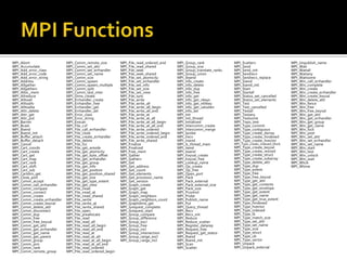 MPI_Abort                    MPI_Comm_remote_size           MPI_File_read_ordered_end      MPI_Group_rank              MPI_Scatterv                    MPI_Unpublish_name
MPI_Accumulate               MPI_Comm_set_attr              MPI_File_read_shared           MPI_Group_size              MPI_Send                        MPI_Wait
MPI_Add_error_class          MPI_Comm_set_errhandler        MPI_File_seek                  MPI_Group_translate_ranks   MPI_Send_init                   MPI_Waitall
MPI_Add_error_code           MPI_Comm_set_name              MPI_File_seek_shared           MPI_Group_union             MPI_Sendrecv                    MPI_Waitany
MPI_Add_error_string         MPI_Comm_size                  MPI_File_set_atomicity         MPI_Ibsend                  MPI_Sendrecv_replace            MPI_Waitsome
MPI_Address                  MPI_Comm_spawn                 MPI_File_set_errhandler        MPI_Info_create             MPI_Ssend                       MPI_Win_call_errhandler
MPI_Allgather                MPI_Comm_spawn_multiple        MPI_File_set_info              MPI_Info_delete             MPI_Ssend_init                  MPI_Win_complete
MPI_Allgatherv               MPI_Comm_split                 MPI_File_set_size              MPI_Info_dup                MPI_Start                       MPI_Win_create
MPI_Alloc_mem                MPI_Comm_test_inter            MPI_File_set_view              MPI_Info_free               MPI_Startall                    MPI_Win_create_errhandler
MPI_Allreduce                MPI_Dims_create                MPI_File_sync                  MPI_Info_get                MPI_Status_set_cancelled        MPI_Win_create_keyval
MPI_Alltoall                 MPI_Errhandler_create          MPI_File_write                 MPI_Info_get_nkeys          MPI_Status_set_elements         MPI_Win_delete_attr
MPI_Alltoallv                MPI_Errhandler_free            MPI_File_write_all             MPI_Info_get_nthkey         MPI_Test                        MPI_Win_fence
MPI_Alltoallw                MPI_Errhandler_get             MPI_File_write_all_begin       MPI_Info_get_valuelen       MPI_Test_cancelled              MPI_Win_free
MPI_Attr_delete              MPI_Errhandler_set             MPI_File_write_all_end         MPI_Info_set                MPI_Testall                     MPI_Win_free_keyval
MPI_Attr_get                 MPI_Error_class                MPI_File_write_at              MPI_Init                    MPI_Testany                     MPI_Win_get_attr
MPI_Attr_put                 MPI_Error_string               MPI_File_write_at_all          MPI_Init_thread             MPI_Testsome                    MPI_Win_get_errhandler
MPI_Barrier                  MPI_Exscan                     MPI_File_write_at_all_begin    MPI_Initialized             MPI_Topo_test                   MPI_Win_get_group
MPI_Bcast                    MPI_File_c2f                   MPI_File_write_at_all_end      MPI_Intercomm_create        MPI_Type_commit                 MPI_Win_get_name
MPI_Bsend                    MPI_File_call_errhandler       MPI_File_write_ordered         MPI_Intercomm_merge         MPI_Type_contiguous             MPI_Win_lock
MPI_Bsend_init               MPI_File_close                 MPI_File_write_ordered_begin   MPI_Iprobe                  MPI_Type_create_darray          MPI_Win_post
MPI_Buffer_attach            MPI_File_create_errhandler     MPI_File_write_ordered_end     MPI_Irecv                   MPI_Type_create_hindexed        MPI_Win_set_attr
MPI_Buffer_detach            MPI_File_delete                MPI_File_write_shared          MPI_Irsend                  MPI_Type_create_hvector         MPI_Win_set_errhandler
MPI_Cancel                   MPI_File_f2c                   MPI_Finalize                   MPI_Is_thread_main          MPI_Type_create_indexed_block   MPI_Win_set_name
MPI_Cart_coords              MPI_File_get_amode             MPI_Finalized                  MPI_Isend                   MPI_Type_create_keyval          MPI_Win_start
MPI_Cart_create              MPI_File_get_atomicity         MPI_Free_mem                   MPI_Issend                  MPI_Type_create_resized         MPI_Win_test
MPI_Cart_get                 MPI_File_get_byte_offset       MPI_Gather                     MPI_Keyval_create           MPI_Type_create_struct          MPI_Win_unlock
MPI_Cart_map                 MPI_File_get_errhandler        MPI_Gatherv                    MPI_Keyval_free             MPI_Type_create_subarray        MPI_Win_wait
MPI_Cart_rank                MPI_File_get_group             MPI_Get                        MPI_Lookup_name             MPI_Type_delete_attr            MPI_Wtick
MPI_Cart_shift               MPI_File_get_info              MPI_Get_address                MPI_Op_create               MPI_Type_dup                    MPI_Wtime
MPI_Cart_sub                 MPI_File_get_position          MPI_Get_count                  MPI_Op_free                 MPI_Type_extent
MPI_Cartdim_get              MPI_File_get_position_shared   MPI_Get_elements               MPI_Open_port               MPI_Type_free
MPI_Close_port               MPI_File_get_size              MPI_Get_processor_name         MPI_Pack                    MPI_Type_free_keyval
MPI_Comm_accept              MPI_File_get_type_extent       MPI_Get_version                MPI_Pack_external           MPI_Type_get_attr
MPI_Comm_call_errhandler     MPI_File_get_view              MPI_Graph_create               MPI_Pack_external_size      MPI_Type_get_contents
MPI_Comm_compare             MPI_File_iread                 MPI_Graph_get                  MPI_Pack_size               MPI_Type_get_envelope
MPI_Comm_connect             MPI_File_iread_at              MPI_Graph_map                  MPI_Pcontrol                MPI_Type_get_extent
MPI_Comm_create              MPI_File_iread_shared          MPI_Graph_neighbors            MPI_Probe                   MPI_Type_get_name
MPI_Comm_create_errhandler   MPI_File_iwrite                MPI_Graph_neighbors_count      MPI_Publish_name            MPI_Type_get_true_extent
MPI_Comm_create_keyval       MPI_File_iwrite_at             MPI_Graphdims_get              MPI_Put                     MPI_Type_hindexed
MPI_Comm_delete_attr         MPI_File_iwrite_shared         MPI_Grequest_complete          MPI_Query_thread            MPI_Type_hvector
MPI_Comm_disconnect          MPI_File_open                  MPI_Grequest_start             MPI_Recv                    MPI_Type_indexed
MPI_Comm_dup                 MPI_File_preallocate           MPI_Group_compare              MPI_Recv_init               MPI_Type_lb
MPI_Comm_free                MPI_File_read                  MPI_Group_difference           MPI_Reduce                  MPI_Type_match_size
MPI_Comm_free_keyval         MPI_File_read_all              MPI_Group_excl                 MPI_Reduce_scatter          MPI_Type_set_attr
MPI_Comm_get_attr            MPI_File_read_all_begin        MPI_Group_free                 MPI_Register_datarep        MPI_Type_set_name
MPI_Comm_get_errhandler      MPI_File_read_all_end          MPI_Group_incl                 MPI_Request_free            MPI_Type_size
MPI_Comm_get_name            MPI_File_read_at               MPI_Group_intersection         MPI_Request_get_status      MPI_Type_struct
MPI_Comm_get_parent          MPI_File_read_at_all           MPI_Group_range_excl           MPI_Rsend                   MPI_Type_ub
MPI_Comm_group               MPI_File_read_at_all_begin     MPI_Group_range_incl           MPI_Rsend_init              MPI_Type_vector
MPI_Comm_join                MPI_File_read_at_all_end                                      MPI_Scan                    MPI_Unpack
MPI_Comm_rank                MPI_File_read_ordered                                         MPI_Scatter                 MPI_Unpack_external
MPI_Comm_remote_group        MPI_File_read_ordered_begin
 