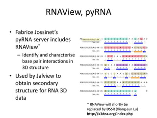 RNAView, pyRNA
• Fabrice Jossinet’s
pyRNA server includes
RNAView*
– Identify and characterise
base pair interactions in
3D structure
• Used by Jalview to
obtain secondary
structure for RNA 3D
data
* RNAView will shortly be
replaced by DSSR (Xiang-Jun Lu)
http://x3dna.org/index.php
 