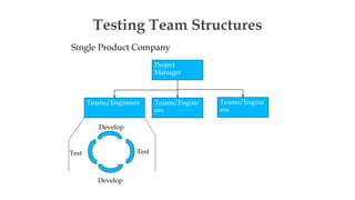 Testing Team Structures
Single Product Company
Teams/Engineers
Project
Manager
Teams/Engine
ers
Teams/Engine
ers
Develop
Test
Test
Develop
 