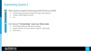 Summary (cont.)
● Went back to Spark Streaming (with Druid as OLAP)
○ Performance penalty in Kafka for long micro-batches
○ Under-utilized Spark clusters
○ Etc .
● Introduced “streaming” over our Data Lake
○ Eliminated Kafka performance penalty
○ Spark clusters are much better utilized = $$$ saved
○ And more ...
 