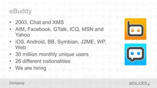 eBuddy
• 2003, Chat and XMS
• AIM, Facebook, GTalk, ICQ, MSN and
  Yahoo
• iOS, Android, BB, Symbian, J2ME, WP,
  Web
• 30 million monthly unique users
• 26 different nationalities
• We are hiring

Company
 