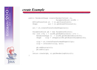 create Example

   public RenderedImage create(RenderContext rc,
                               ParameterBlock srcPB) {
       AffineTransform at = rc.getTransform();
       Shape           aoi = rc.getAreaOfInterest();

       aoi = at.createTransformedShape(aoi);

       ParameterBlock pb   = new ParameterBlock();
       for (int i=0; i <   srcPB.getNumSources(); i++) {
           RenderedImage   ri = srcPB.getRenderedSource(0);
           Shape    clip   = (Shape)srcPB.getObjectParameter(0);

           clip = at.createTransformedShape(clip);
           clip = intersect(clip, aoi);

           pb.addSource(ri);
           pb.add(clip);
       }
       return create(pb, rc.getRenderingHints());
   }
 