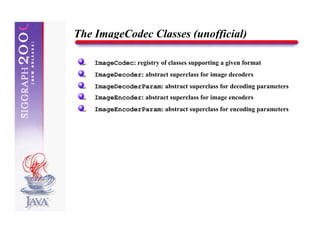 The ImageCodec Classes (unofficial)

    ImageCodec: registry of classes supporting a given format
    ImageDecoder: abstract superclass for image decoders
    ImageDecoderParam: abstract superclass for decoding parameters
    ImageEncoder: abstract superclass for image encoders
    ImageEncoderParam: abstract superclass for encoding parameters
 