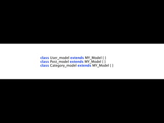 class User_model extends MY_Model { }
                    Text
class Post_model extends MY_Model { }
class Category_model extends MY_Model { }
 