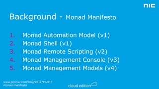 Background 1.
2.
3.
4.
5.

Monad
Monad
Monad
Monad
Monad

Monad Manifesto

Automation Model (v1)
Shell (v1)
Remote Scripting (v2)
Management Console (v3)
Management Models (v4)

www.jsnover.com/blog/2011/10/01/
monad-manifesto

 