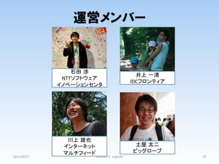 運営メンバー
2015/8/27	
 JANOG	
  LT	
  	
  night#1	
 12	
石田 渉 	
  
NTTソフトウェア	
  
イノベーションセンタ	
井上 一清	
  
IDCフロンティア	
川上 雄也 	
  
インターネット	
  
マルチフィード	
土屋 太二 	
  
ビッグローブ	
 