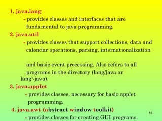 1. java.lang
      - provides classes and interfaces that are
        fundamental to java programming.
2. java.util
      - provides classes that support collections, data and
        calendar operations, parsing, internationalization

        and basic event processing. Also refers to all
        programs in the directory (lang/java or
     langjava).
3. java.applet
       - provides classes, necessary for basic applet
         programming.
4. java.awt (abstract window toolkit)                    15
       - provides classes for creating GUI programs.
 