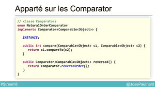 @JosePaumard#Stream8
Apparté sur les Comparator
// classe Comparators
enum NaturalOrderComparator
implements Comparator<Comparable<Object>> {
INSTANCE;
public int compare(Comparable<Object> c1, Comparable<Object> c2) {
return c1.compareTo(c2);
}
public Comparator<Comparable<Object>> reversed() {
return Comparator.reverseOrder();
}
}
 