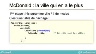 @JosePaumard#Stream8
McDonald : la ville qui en a le plus
1ère étape : histogramme ville / # de mcdos
C’est une table de hachage !
Map<String, Long> map =
mcdos.stream()
.collect(
Collectors.groupingBy(
McDonald::city, // les clés sont les villes
)
) ;
 