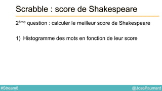 @JosePaumard#Stream8
Scrabble : score de Shakespeare
2ème question : calculer le meilleur score de Shakespeare
1) Histogramme des mots en fonction de leur score
 
