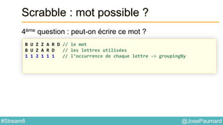 @JosePaumard#Stream8
Scrabble : mot possible ?
4ème question : peut-on écrire ce mot ?
B U Z Z A R D // le mot
B U Z A R D // les lettres utilisées
1 1 2 1 1 1 // l’occurrence de chaque lettre -> groupingBy
 