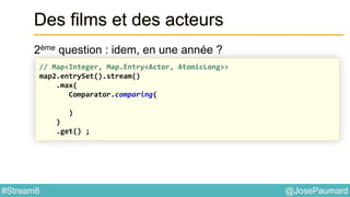 @JosePaumard#Stream8
Des films et des acteurs
2ème question : idem, en une année ?
// Map<Integer, Map.Entry<Actor, AtomicLong>>
map2.entrySet().stream()
.max(
Comparator.comparing(
)
)
.get() ;
 