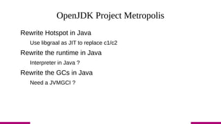OpenJDK Project Metropolis
Rewrite Hotspot in Java
Use libgraal as JIT to replace c1/c2
Rewrite the runtime in Java
Interpreter in Java ?
Rewrite the GCs in Java
Need a JVMGCI ?
 