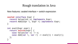 Rough translation in Java
New features: sealed interface + switch expression
sealed interface Expr {
record Value(int v) implements Expr;
record Add(Expr l, Expr r) implements Expr;
}
int eval(Expr expr) {
return switch(expr) {
case Value(var v) -> v;
case Add(var l, var r) -> eval(l) + eval(r);
};
}
 