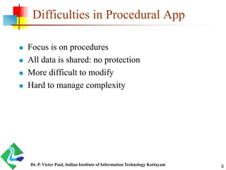 Difficulties in Procedural App
 Focus is on procedures
 All data is shared: no protection
 More difficult to modify
 Hard to manage complexity
Dr. P. Victer Paul, Indian Institute of Information Technology Kottayam 5
 