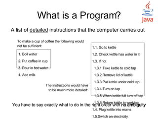 What is a Program? A list of  detailed  instructions that the computer carries out To make a cup of coffee the following would not be sufficient: The instructions would have to be much more detailed: You have to say exactly what to do in the right order with  no ambiguity 1. Boil water 2. Put coffee in cup 3. Pour in hot water 4. Add milk 1.1. Go to kettle 1.2. Check kettle has water in it 1.3. If not  1.3.1 Take kettle to cold tap 1.3.2 Remove lid of kettle 1.3.3 Put kettle under cold tap 1.3.4 Turn on tap 1.3.5 When kettle full turn off tap 1.3.6 Return kettle to worktop 1.4. Plug kettle into mains 1.5.Switch on electricity …… . 